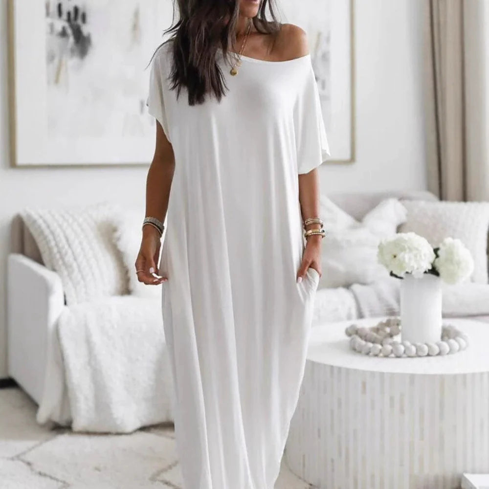 VESTIDO CASUAL ASIMÉTRICO EXTRAGRANDE CON HOMBROS DESCUBIERTOS
