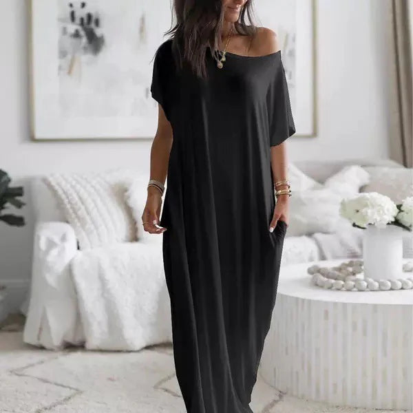 VESTIDO CASUAL ASIMÉTRICO EXTRAGRANDE CON HOMBROS DESCUBIERTOS