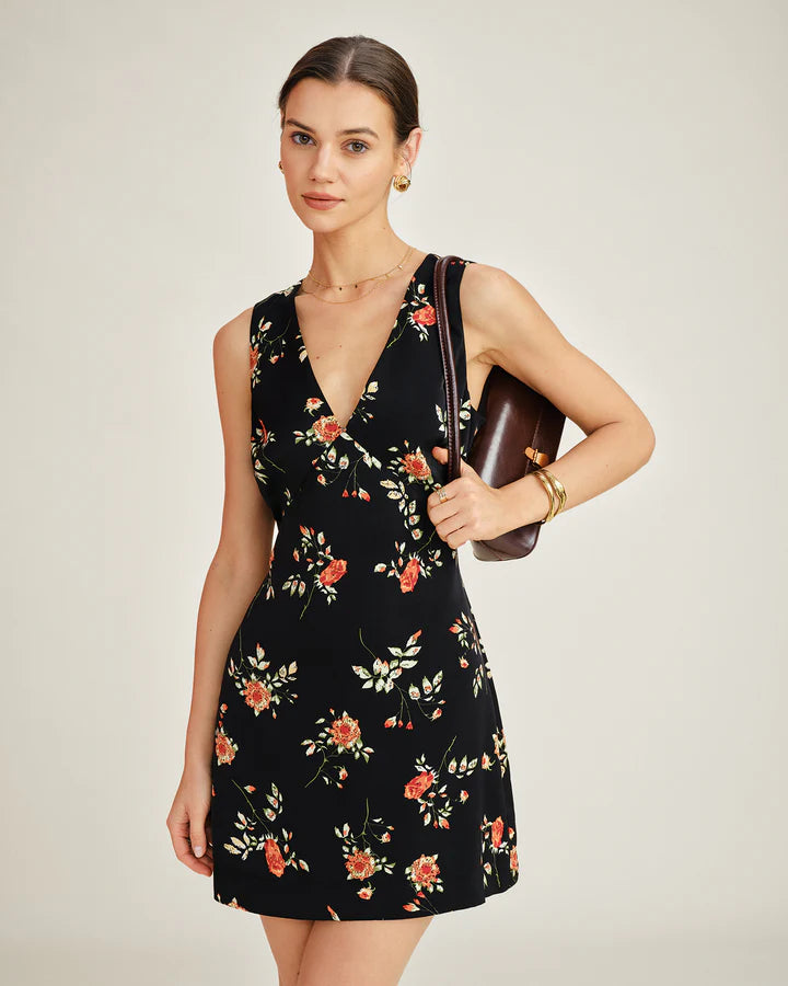 BLACK V NECK FLORAL MINI VESTIDO
