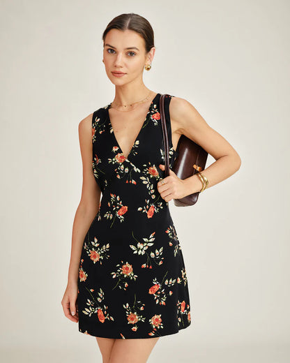 BLACK V NECK FLORAL MINI VESTIDO