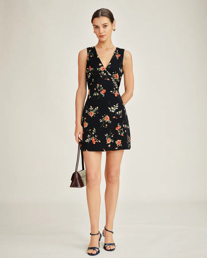 BLACK V NECK FLORAL MINI VESTIDO