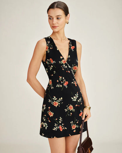 BLACK V NECK FLORAL MINI VESTIDO