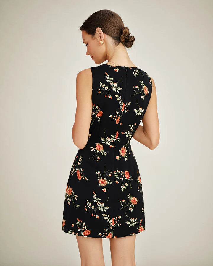 BLACK V NECK FLORAL MINI VESTIDO