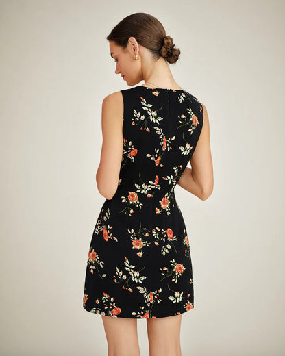 BLACK V NECK FLORAL MINI VESTIDO