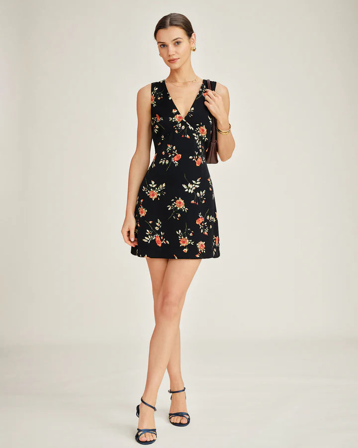 BLACK V NECK FLORAL MINI VESTIDO