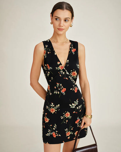 BLACK V NECK FLORAL MINI VESTIDO
